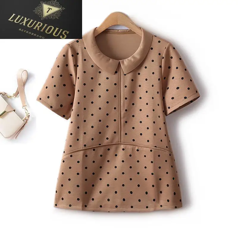 

Classic Polka Dot Turn Down Collar Commuter Women's T-shirt Loose Profile Short Sleeve Thin Space Cotton Casual Sumemr Top Woman