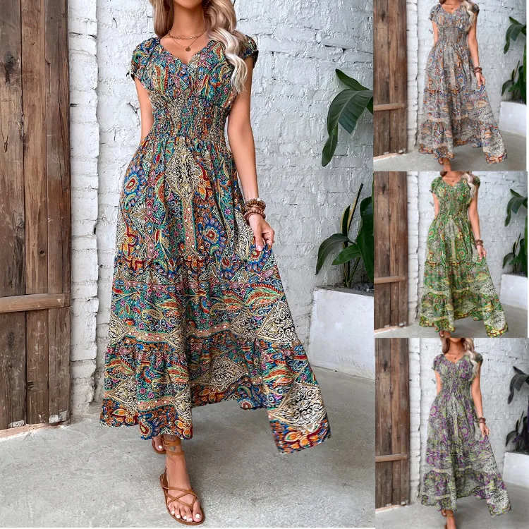 Bohemian Cartoon Printed Strap Maxi V Neck Vintage Chic Summer Beach Casual Ladies Sexy Dress