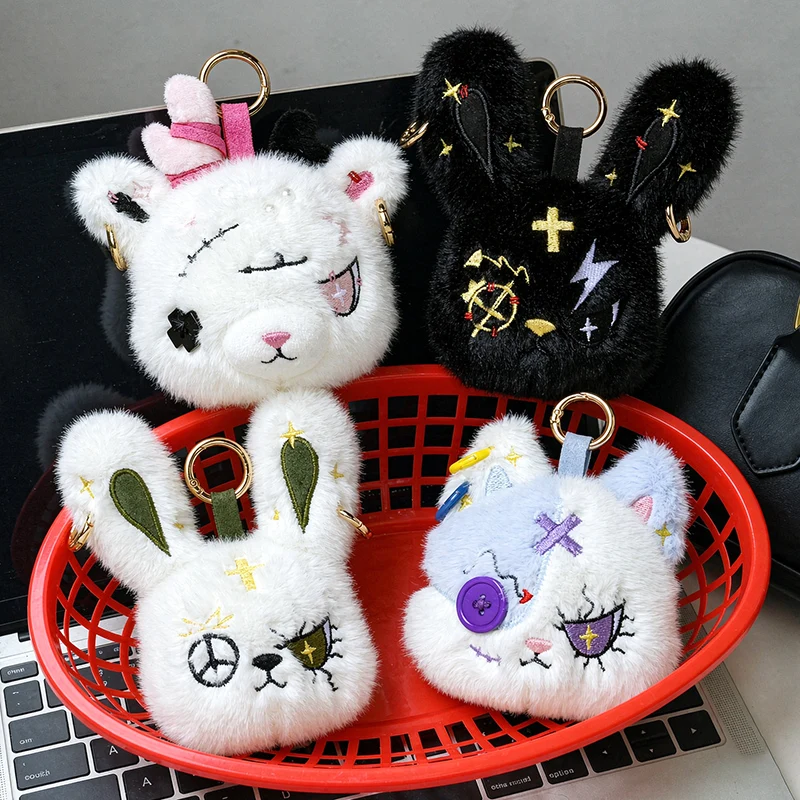 Halloween Gifts Gothic Furry Bandage Rabbit Bear Keychain Horror Dark Bunny Doll Pendant Cute Black Bunny Bag Charm Accessories