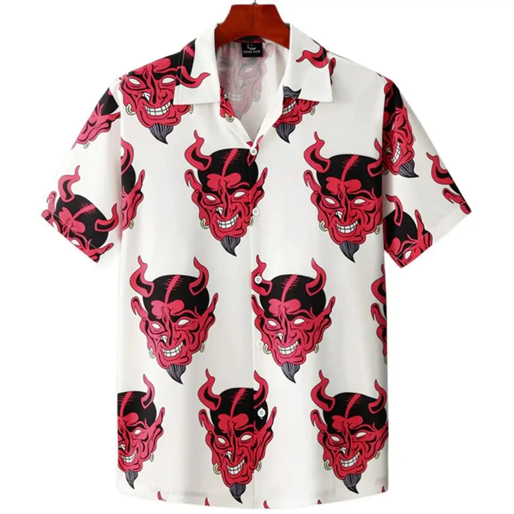 Men's Vintage Devil Print Shirt Fashion Single Breasted Short Sleeve Loose Anime Pattern Shirt Men's Beach Top