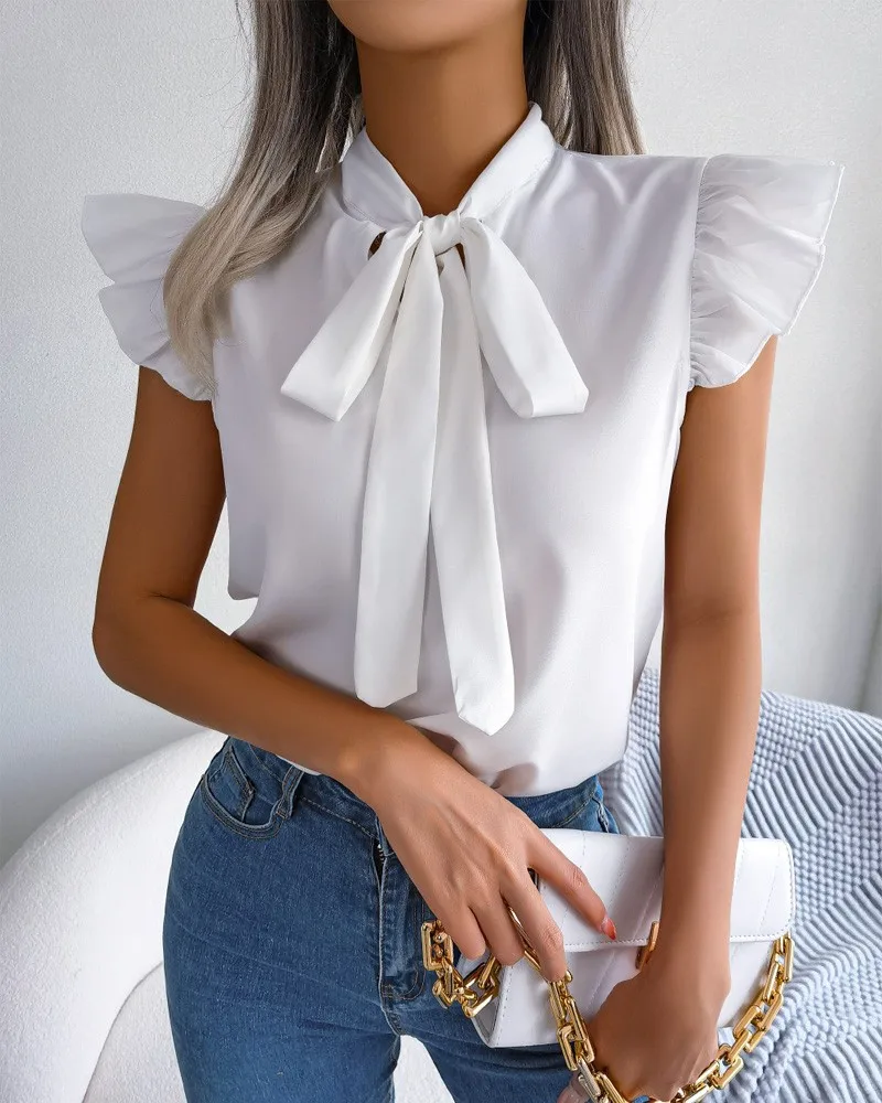

Top Women 2023 Summer Solid Simple Bowknot Short Sleeve Shirt Temperament Fashion Elegant Shirts for Women