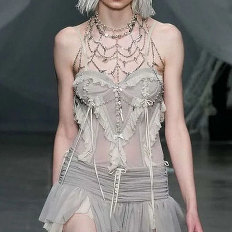 Camisola de tirantes fina con volantes y retazos para mujer, estilo Y2K, estilo veraniego, estilo urbano, sexy, de los años 2000