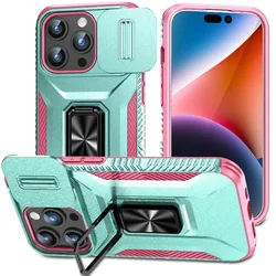 Rugged Anti-Slip Camera Lens Slide Out Phone Case with Rotary Stand for iPhone 12 Pro (Grey Green Pink)