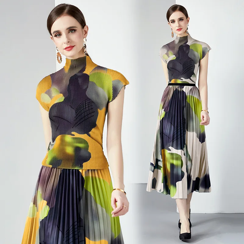 

Женский комплект из двух предметов, летний модный комплект из топа с коротким рукавом и оборками и полуюбки с принтом, 2023