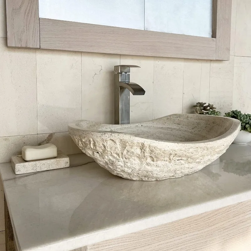 Travertine Chiseled Bathroom Vessel Sink - Oval Canoe Shape - Hand Carved Marble Real Stone Includes Free Soap Tray 2