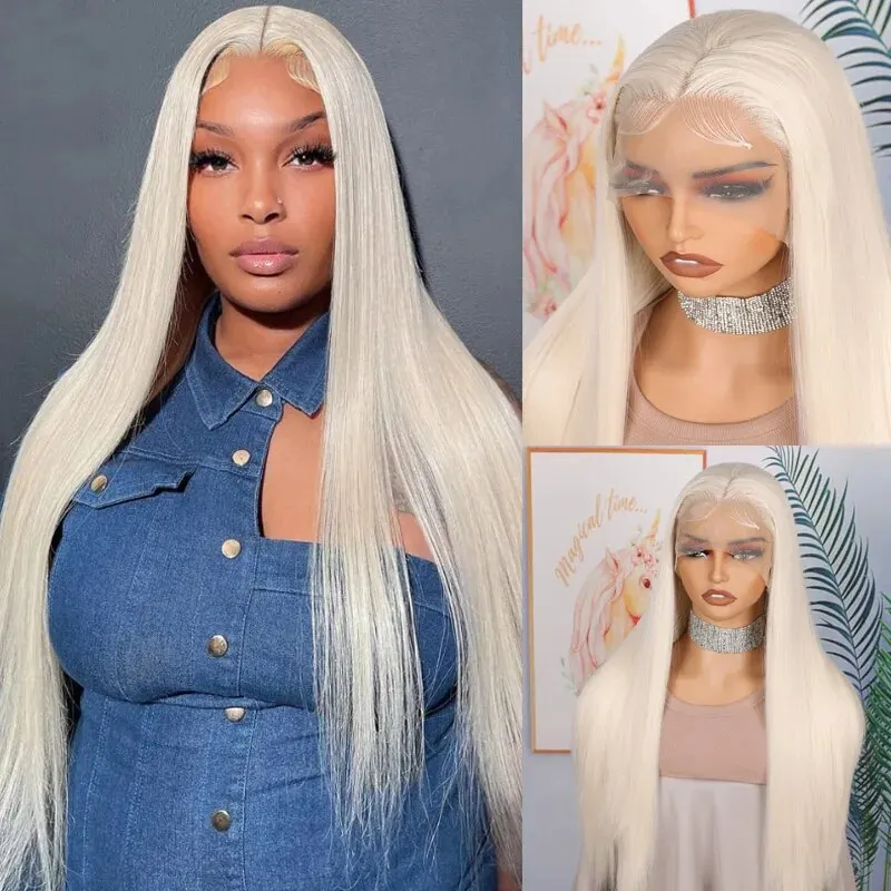 Soft Preplucked Ash Blonde White 26Inch 180Density Straight Lace Front Wig Synthetic With Baby Hair Glueless For Daily Wear