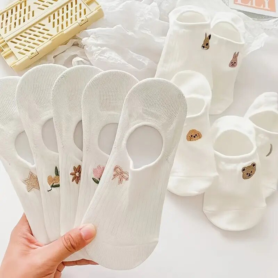 5/10 Pairs Socks Set 10 Pairs Toe Socks Women's Ankle Stockings Summer Breathable Versatile White Socks Cute Cartoon Pattern