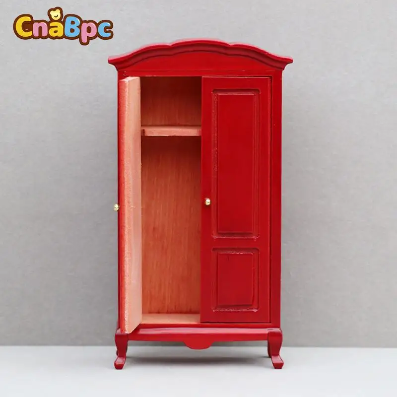 

1:12 Dollhouse Miniature Wardrobe Retro Red Cabinet Wardrobe Bedside Table Bedroom Furniture Model Doll House Decor Accessories