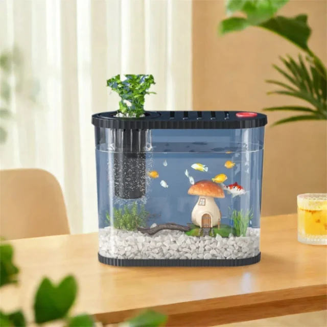 Shatterproof Tabletop Fish Bowl Space-Saving with Filter Compartment Plastic Fish Tank Transparent Clear Table Fish Bowl 4