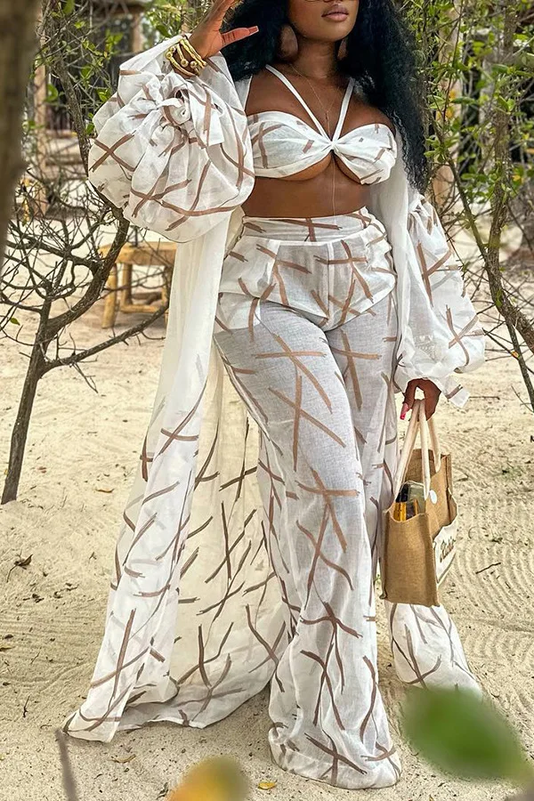 Women's Summer Beach Set Sexy See Though Print Long Cover-ups with Bra and Wide Leg Pants 2023 Vacation 3 Piece Set Tracksuit