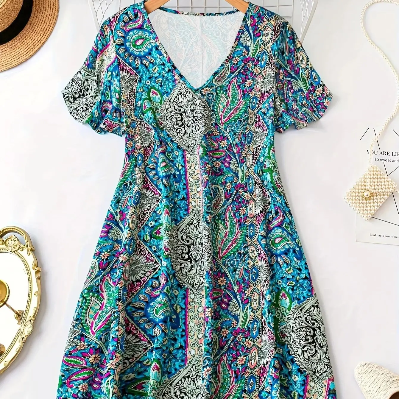 Modisches, lässiges Kleid mit ethnischem Print für den Urlaub, Übergröße, Kurzarm, Damen-Sommerkleid, bequem und stilvoll