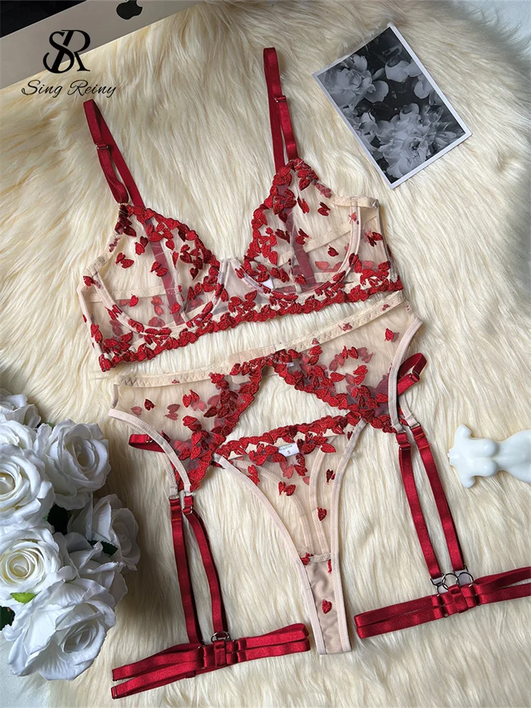SINGREINY Sexuality Love Embroidery Sheer Underwear Sets Transparent Garter Slim Shapewear Erotic Club Lingerie 3 Pieces Suits