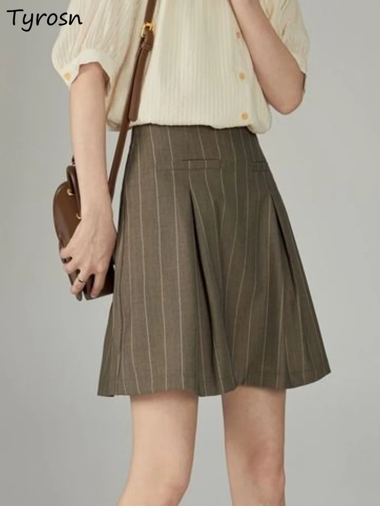 

Skirts Women Design Folds Chic Simple Students Tender Preppy Daily Vintage Summer Elegant Striped Korean Style Empire Sweet Mini