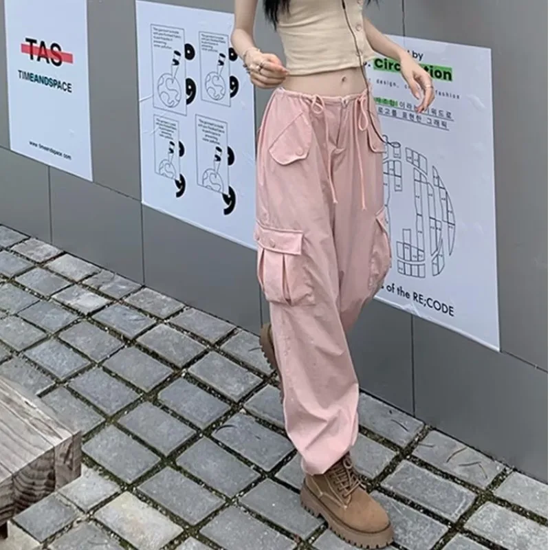 Harajuku 2023 Women Solid Pockets Pants Women Pink Cargo High Waist Wide Pants Straight Palazzo Pants Fashion All-Match Trousers