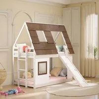 Low House Bunk Bed with Slide and Roof, Wood Twin Over Twin Floor Bunk BES for Kids 1