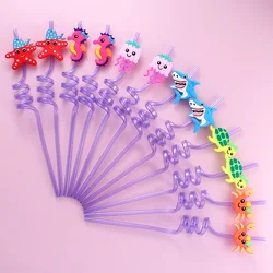 Set of 12 Reusable Spiral Straws with Adorable Marine Animal Caps - Perfect (Purple)