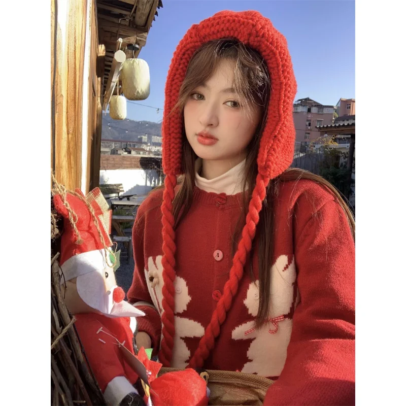 

Real Shot ~ New Korean Style Cute Youth-Looking Cute Jacquard Rabbit Bow Knitted Cardigan Sweater Rihgdss