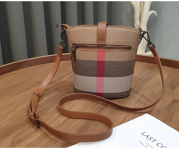 Nuove borse da donna con mini chiusura a catena a spalla intrecciata, tela eccellente con borsa a secchiello a tracolla in vera pelle scozzese_voghion.com