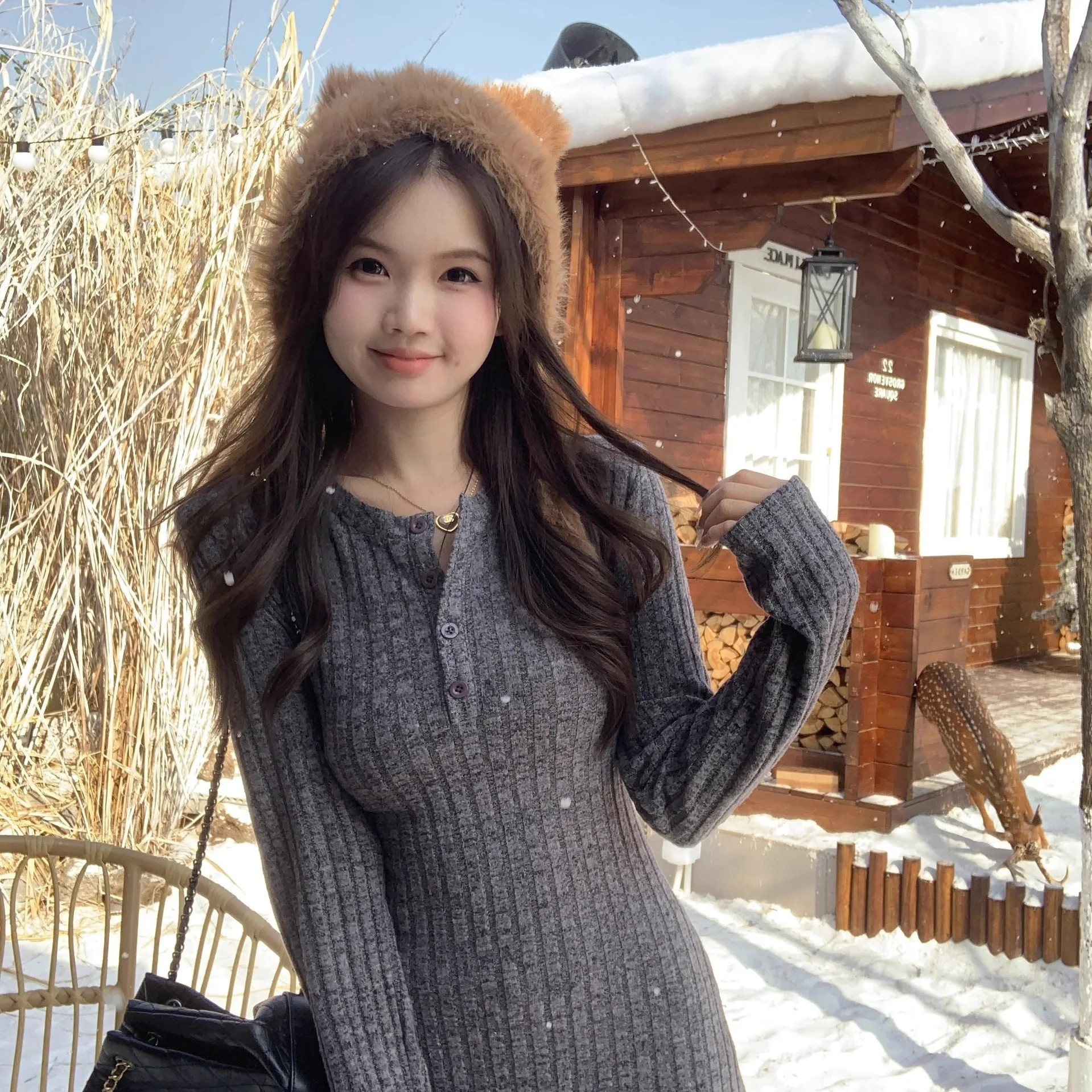 النمط الفرنسي كم طويل محبوك فستان خمر الخصر Cinchi...