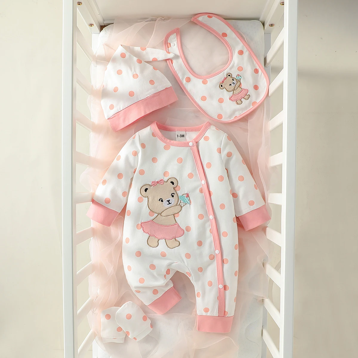 2025 Baby Girls 4Pcs All Seasons Long Sleeve Round neck Polka dots Embroidered Bear Newborn Cute Casual Jumpsuit+Bib+Hat+Gloves 2025 Baby Girls 4Pcs All Seasons Long Sleeve Round neck Polka dots Embroidered Bear Newborn Cute Casual Jumpsuit+Bib+Hat+Gloves