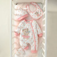2025 Baby Girls 4Pcs All Seasons Long Sleeve Round neck Polka dots Embroidered Bear Newborn Cute Casual Jumpsuit+Bib+Hat+Gloves
