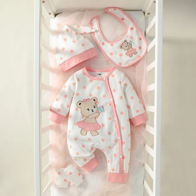 2025 Baby Girls 4Pcs All Seasons Long Sleeve Round neck Polka dots Embroidered Bear Newborn Cute Casual Jumpsuit+Bib+Hat+Gloves 1