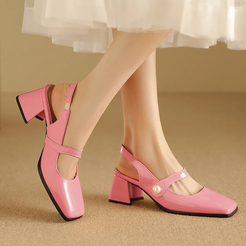 Elegant Slingback Sandals Women Summer Shoes Pink Black Silver Medium Heels Close Toe Office Party Shoes Female Large Size 45