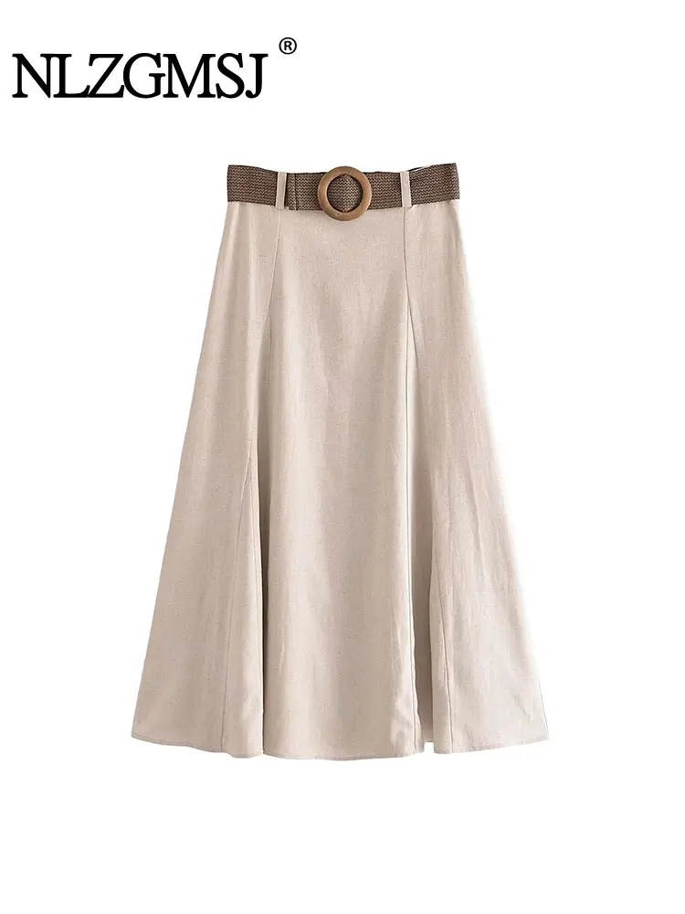 

Nlzgmsj TRAF High Waist Casual Midi Skirt Women 2023 Fashion Solid All-match Ladies Elegant A-line Long Skirt Women