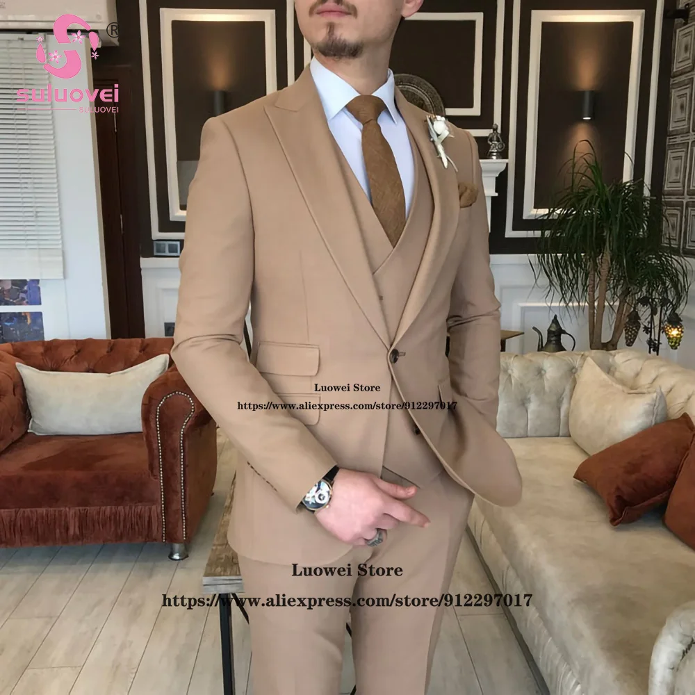 

Fashion Peaked Lapel Suits For Men Slim Fit 3 Piece Jacket Vest Pants Set Male Business Blazer Formal Groom Wedding Party Tuxedo