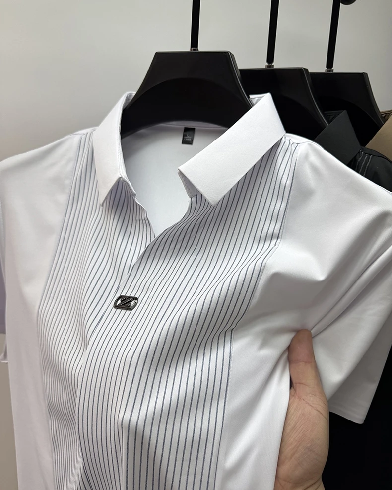 Personality striped patchwork short sleeve men polo shirt fashion brand letter embossed summer ice silk breathable trend T-shirt 19 Sd24c370d4ba5466880417d025b2743d15