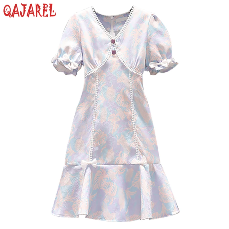

2024 New Purple Print Chiffon Jacquard Midi Dress Summer Fashion Puff Sleeve Lace V-Neck Mermaid Dress Women Korean Elegant Robe