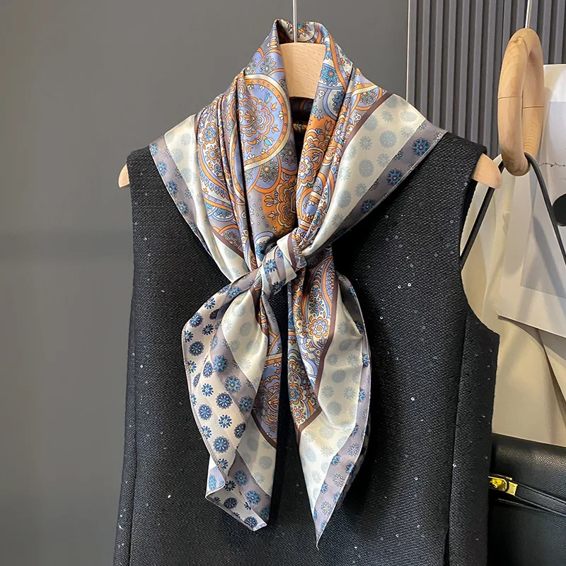 90×90CM New Retro Double-sided Printed Scarf Neck Scarf High-end Fashion Age-Reducing Silk Scarf Fashionable Scarf With Shawl 3