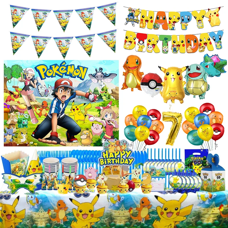 Pikachu decorazioni per feste di compleanno Pokemon Foil Balloon stoviglie  usa e getta Banner sfondo tovaglia Kid Boy Party Supplies - AliExpress