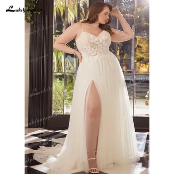 Lakshmigown High Slit Lace Applique Plus Size Wedding Dress Spaghetti Strap Tulle Bridal Gown Strapless Wedding Gown Customized 1