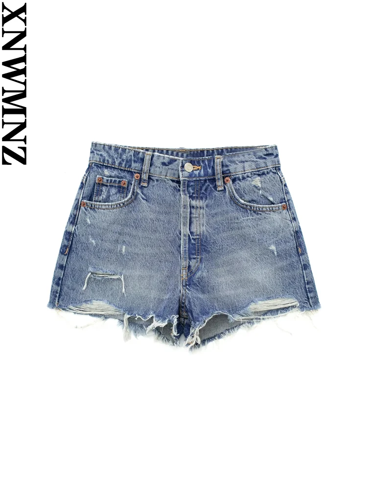 

XNWMNZ Women's Fashion 2023 Bermuda High Waist Denim Shorts Woman Vintage Button Frayed Hem Ripped Female Shorts