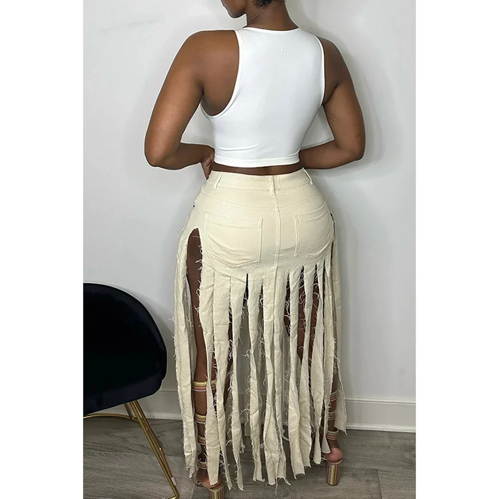 Plus Size Apricot Casual Streetwear Sexy Women Hollow Long Fringed Skirts with Pocket