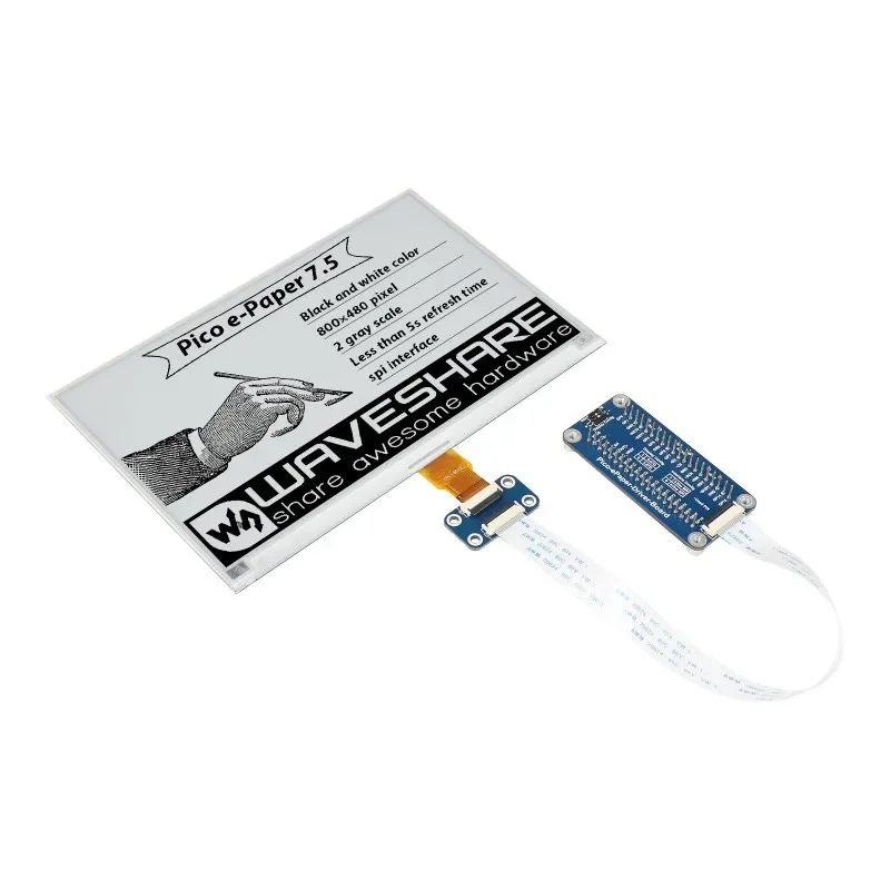 

7.5inch E-Paper E-Ink Display Module For Raspberry Pi Pico, 800 × 480 Pixels, Black / White, SPI Interface