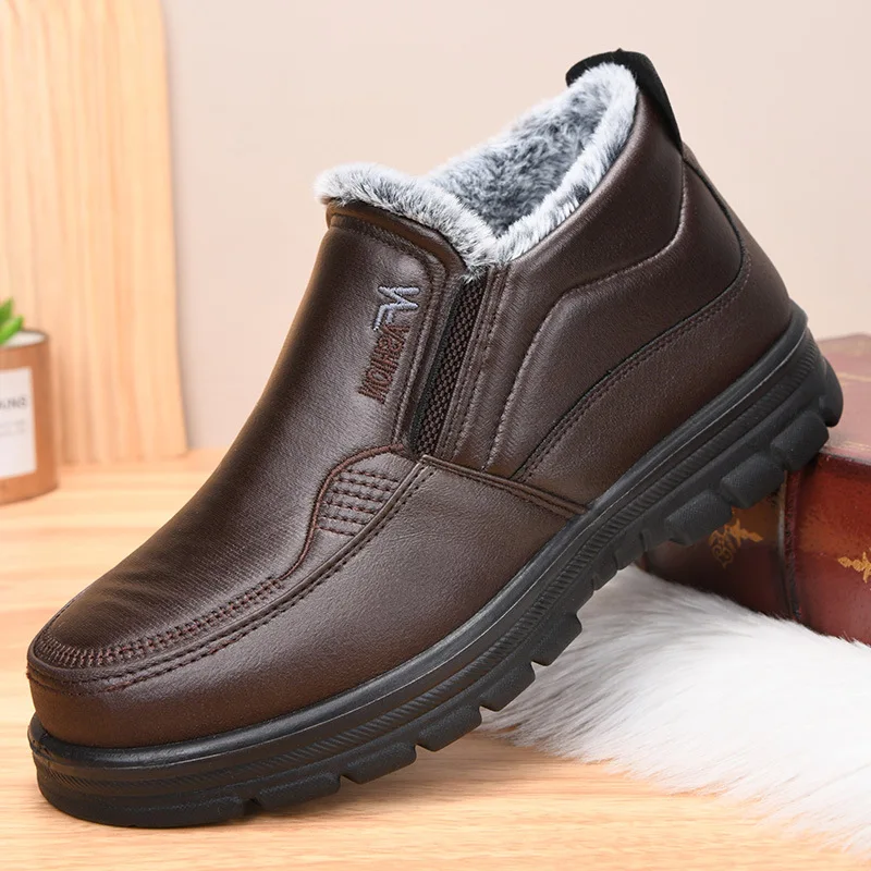 New Leather Boots Waterproof Anti Slip Snow Boots Men's Cotton Shoes Warmth Thickened Cotton Short Boots