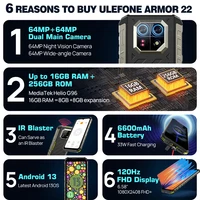 Ulefone Armor 22, 16 Гб 256 ГБ,6,58 дюймов FHD + ,64 мп Ночная камера,33 Вт,6600 мАч,4G,Android 13,NFC,2.4K,120Hz 2