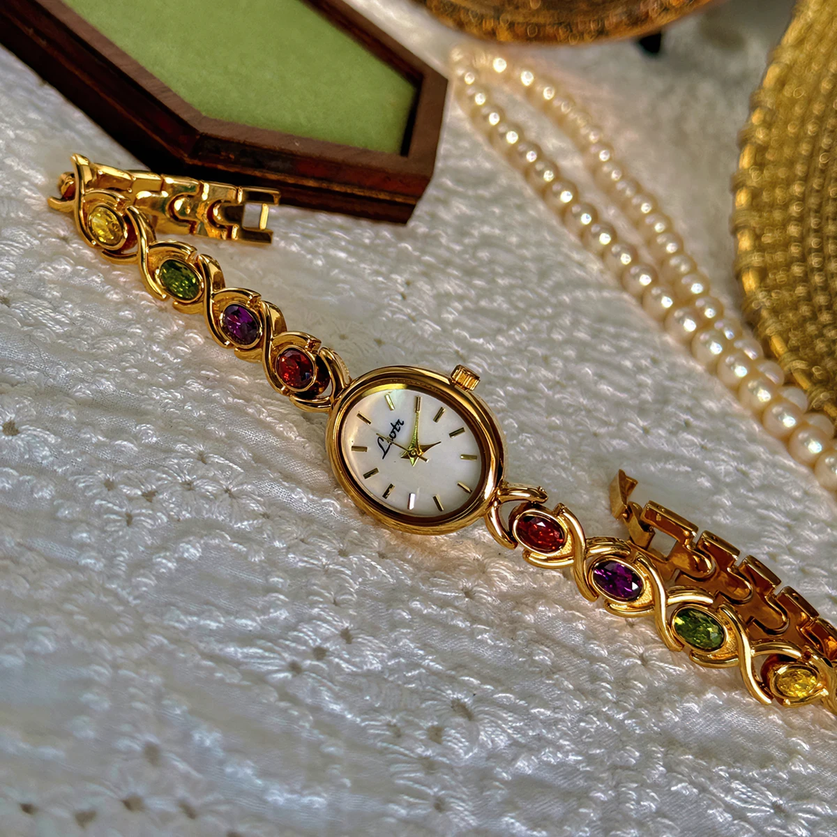 Womens Watch 1pc Women's Watch Embedded Colorful Tourmalines Diamonds Oval Shaped Mother Of Pearl Dial