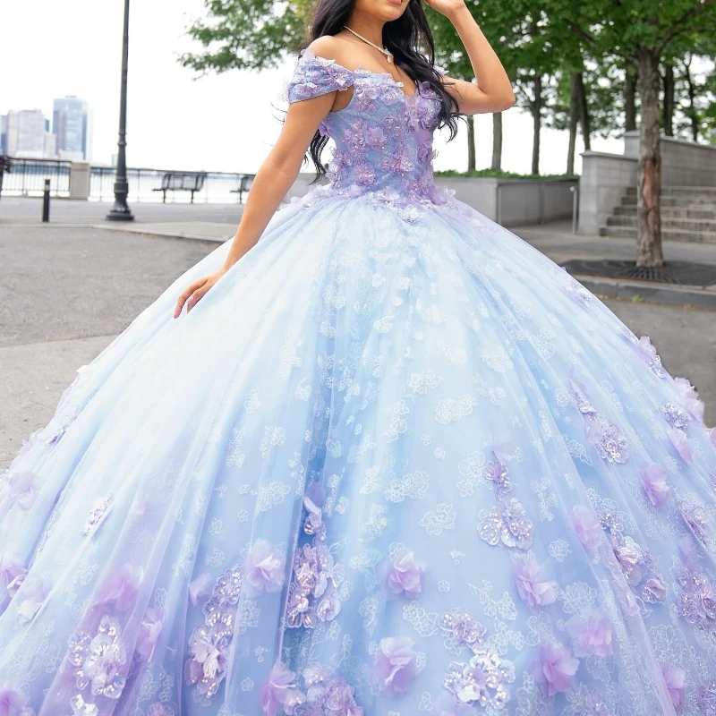 

Sky Blue 15 Quinceanera Dresses Flower Sweetheart Off The Shoulder Puffy Party Dress Crystal Beading Tull Ball Gown vestidos de