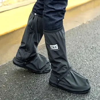 Black Reusable Foldable Rain Shoe Covers (1 Pair)Non-Slip, with Reflector Zipper Ideal for Cycling,Motorcycle for Women & Men.