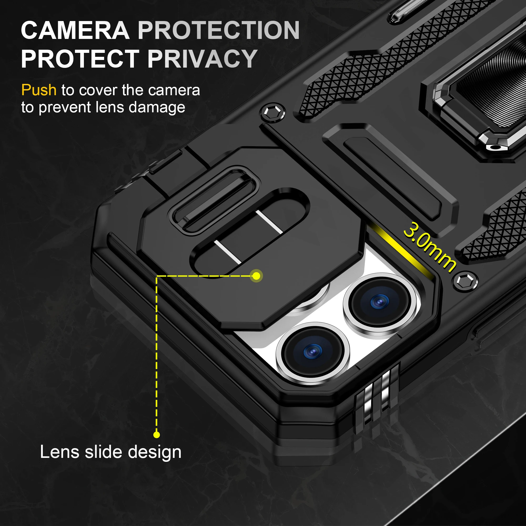 Enhanced Armor Ring Stand Kickstand Case with Slide Camera Cover and Anti-Fall Protection