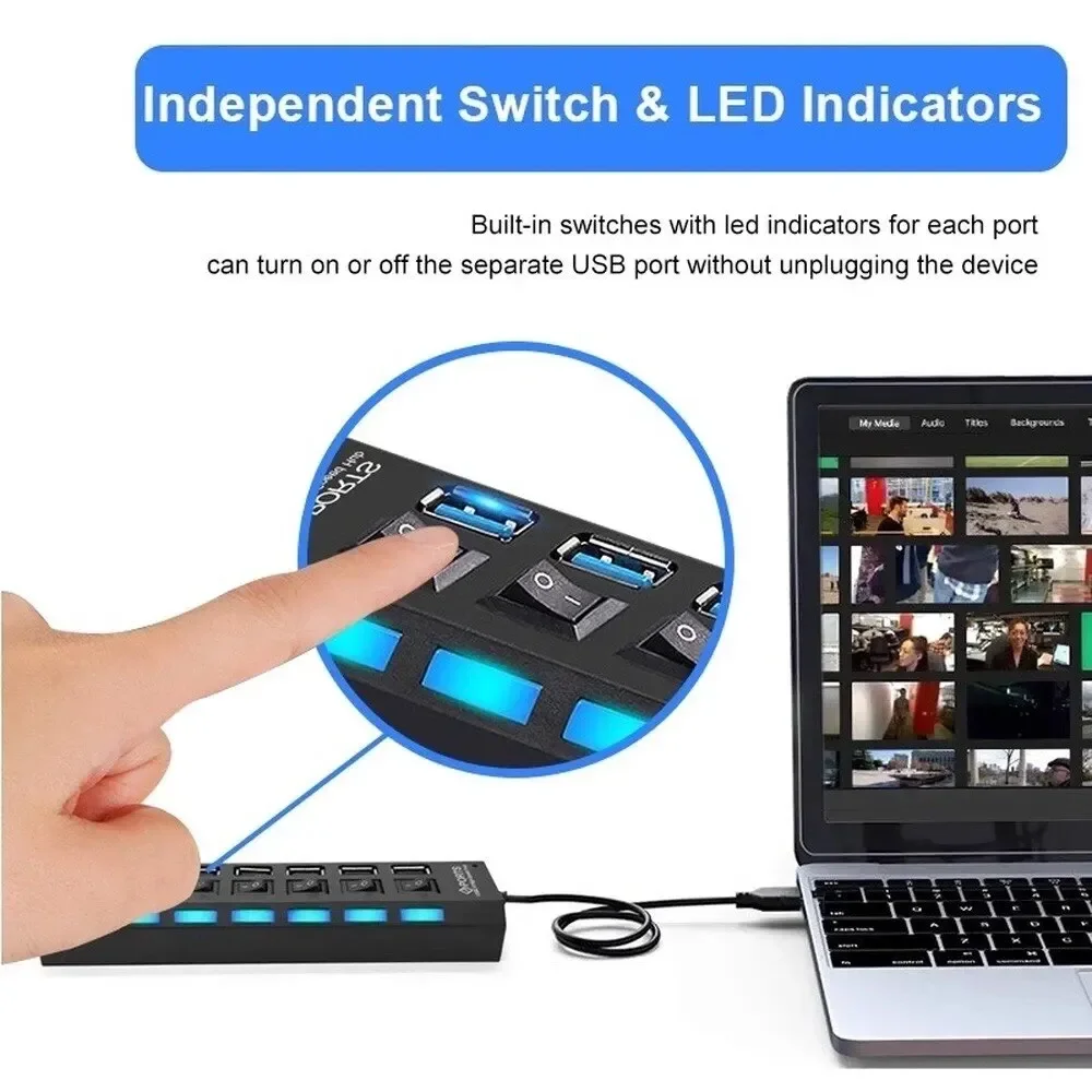 USB Hub 7 Port Multi USB Splitter Power Adapter Multiple Expander With On Off Switch For PC Laptop MacBook Accessories 5