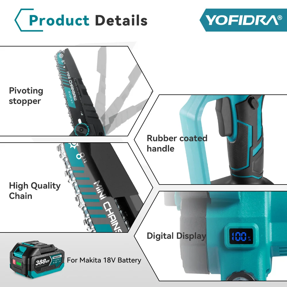 YOFIDRA 8 Inch Brushless Electric Chainsaw Cordless Rechargeable Woodworking Garden Pruning Saw Tool for Makita 18V Battery 6