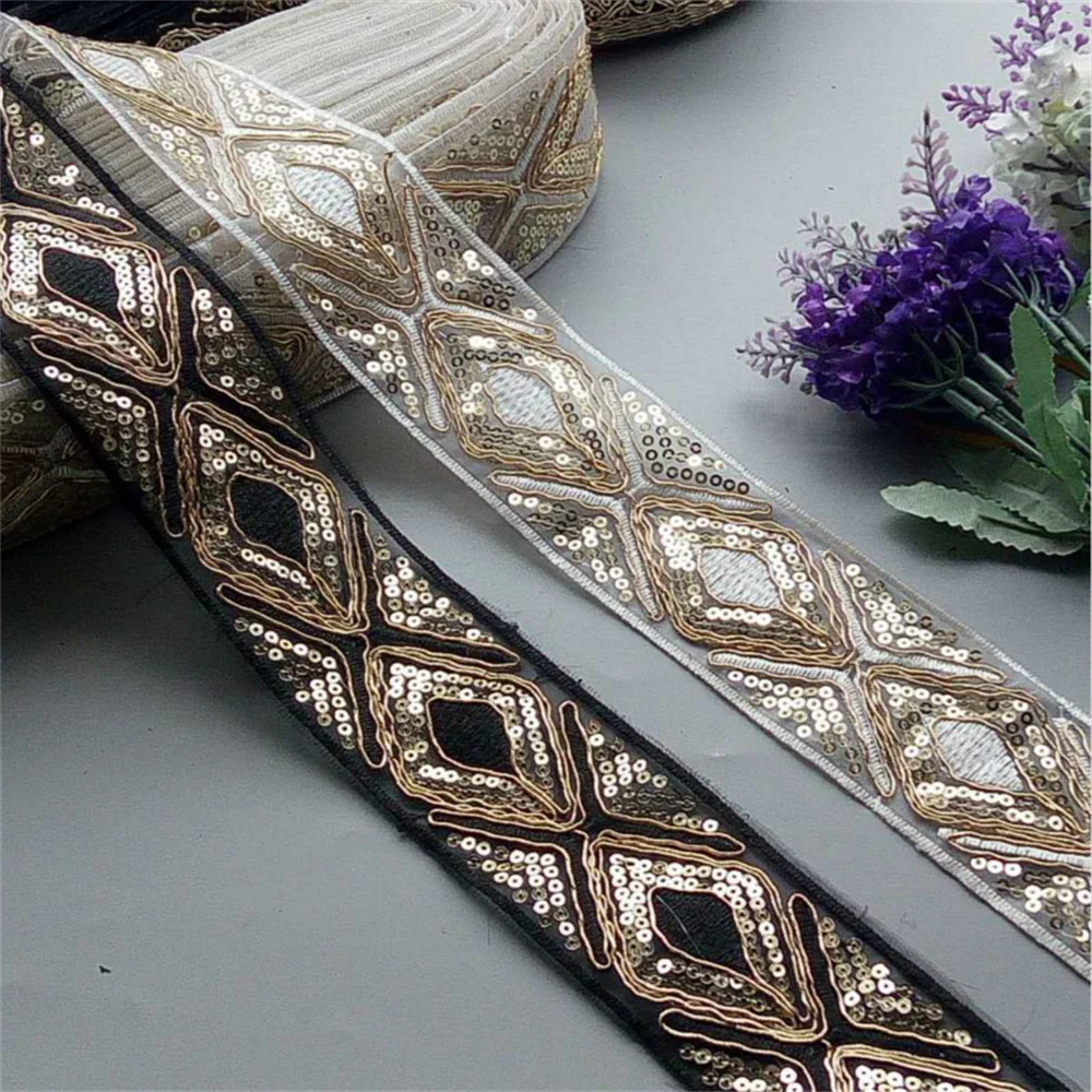 1 Yards White Black 45mm Ethnic Gold Thread Sequins Webbing Ribbon Tape Shoes Dress Embroidered Lace Trims DIY Sewing Accessorie