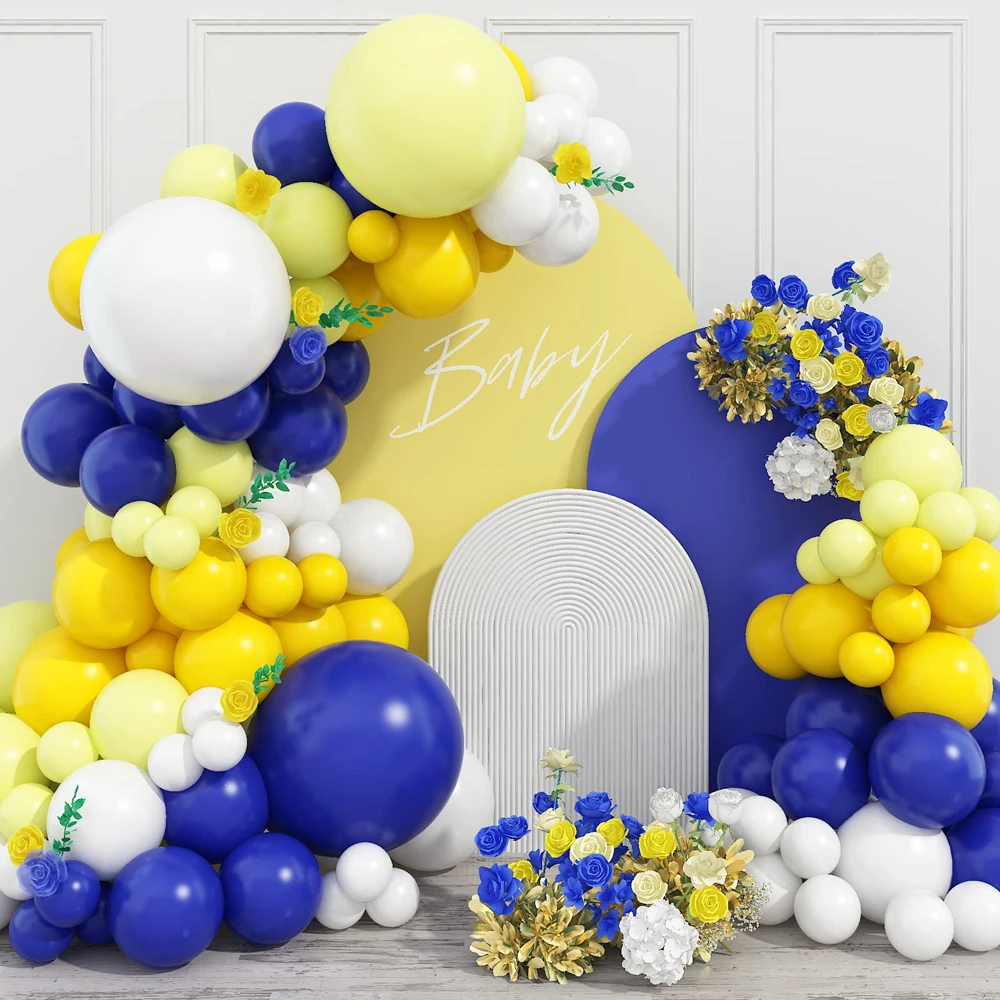 

115Pcs Blue Yellow White Latex Balloon Garland Arch Kit for Birthday Baby Shower Wedding Anniversary Party Decorations