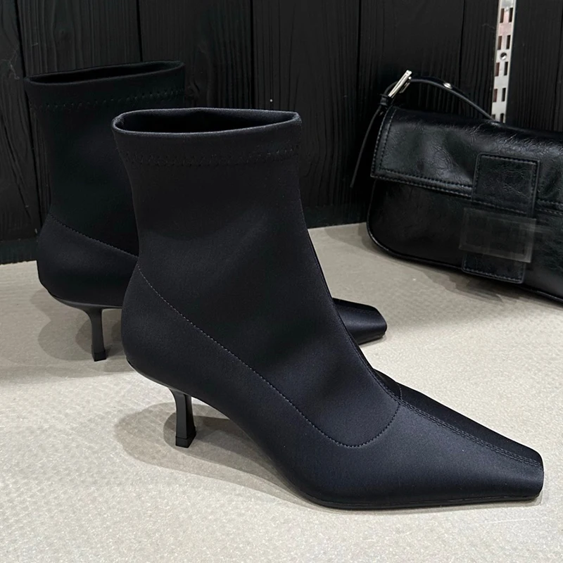 

Footwear Slip On Female Heels Women Elastic Stretch Boots Shoes Fashion Short Ladies Pumps Ankle Modern Boots Shoes