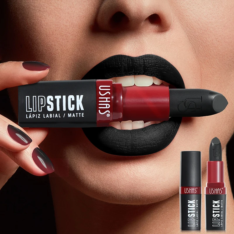 Lipstick USHAS Black Matte Holloween Party Long Lasting Waterproof Anti-smudge Gothic Velvet Lip Makeup Cosmetics