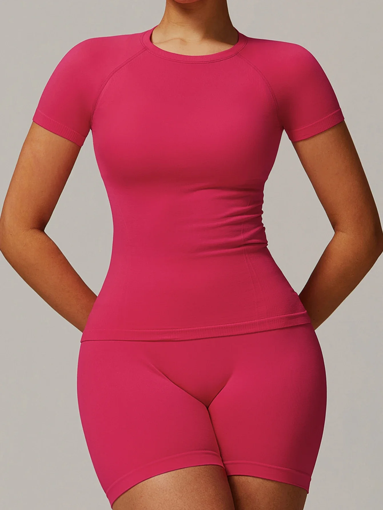 Yoga T-shirt Sports Short Sleeves Top Women Threaded Tight Seamless Solid Color Round Neck Rose Red Quick Drying Fitness Suit